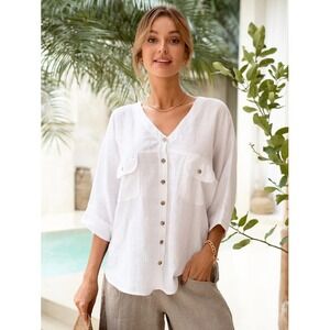 Nomad The Label Dune French Linen Oversized White Shirt M/L Short Sleeve Women's